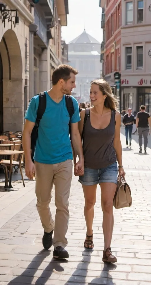 Prompt: A couple exploring a bustling city center.