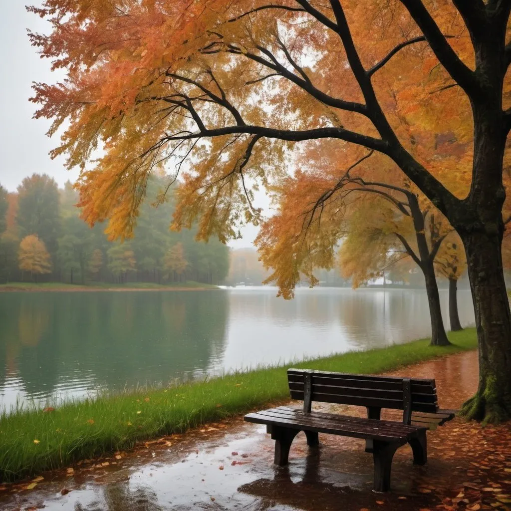 Prompt: romantic rainy lakeside season autumn