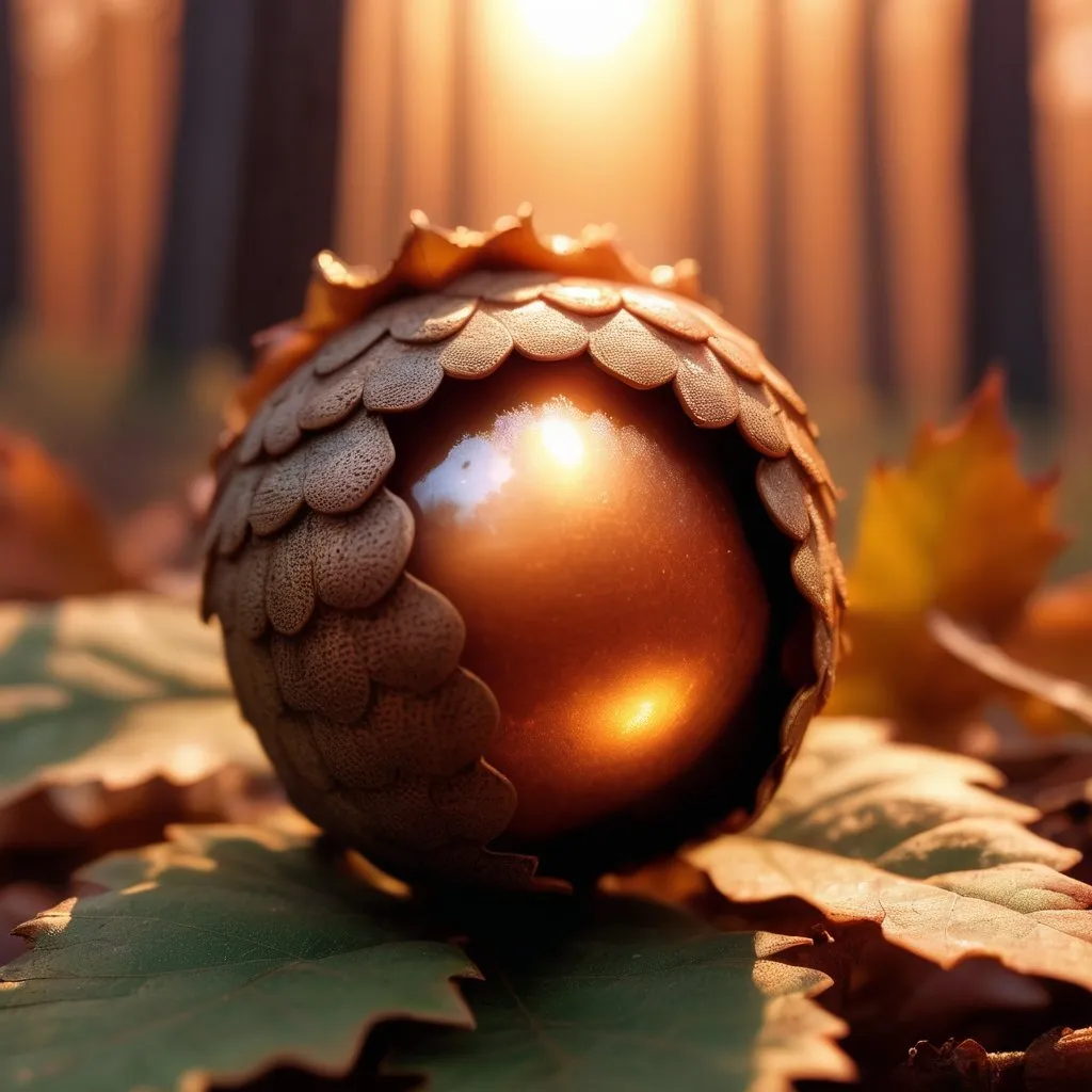 Prompt: Acorn nestled in leaves, majestic sunset, magic particles, high quality, whimsical, magical, sunset, nature, detailed acorn, warm tones, fantasy, ethereal lighting