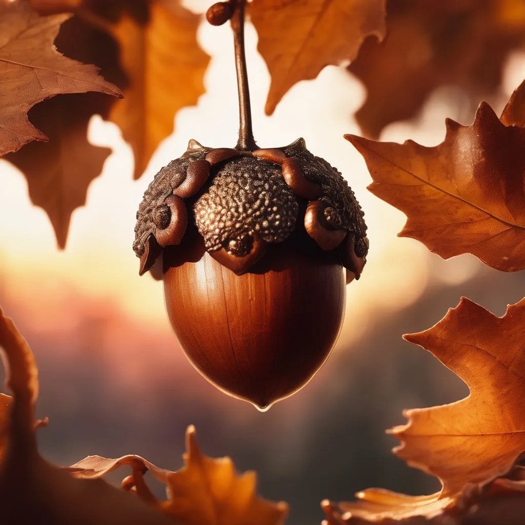 Prompt: Acorn nestled in leaves, majestic sunset, magic particles, high quality, whimsical, magical, sunset, nature, detailed acorn, warm tones, fantasy, ethereal lighting