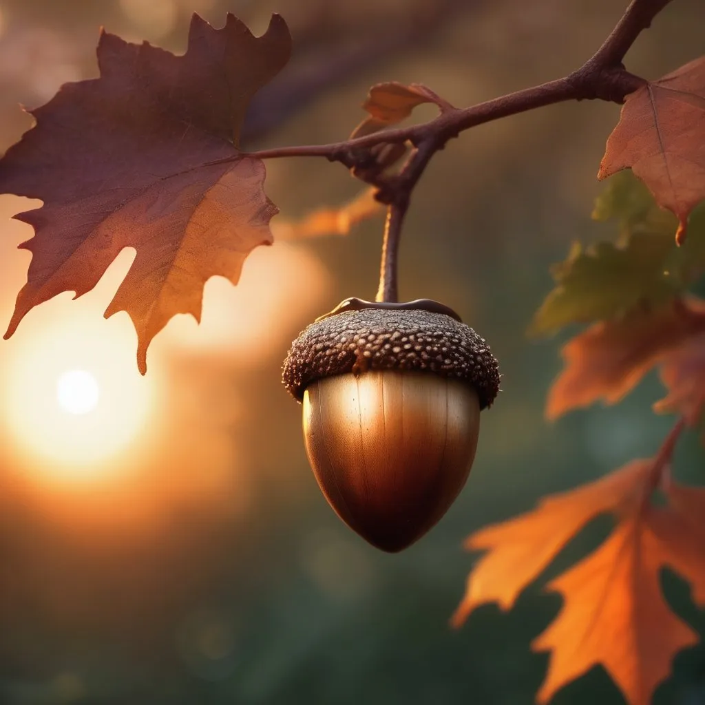 Prompt: Acorn nestled in leaves, majestic sunset, magic particles, high quality, whimsical, magical, sunset, nature, detailed acorn, warm tones, fantasy, ethereal lighting