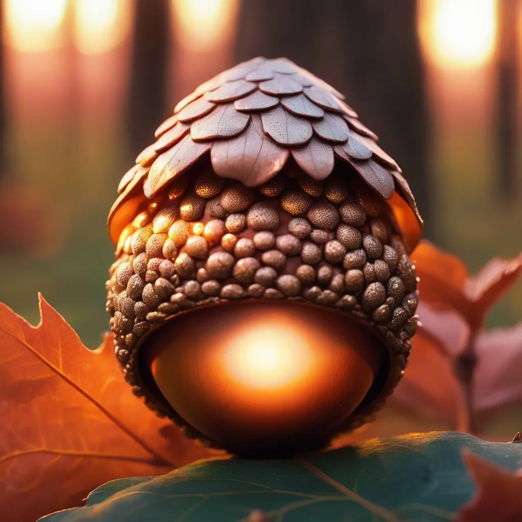 Prompt: Acorn nestled in leaves, majestic sunset, magic particles, high quality, whimsical, magical, sunset, nature, detailed acorn, warm tones, fantasy, ethereal lighting