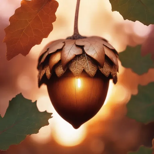 Prompt: Acorn nestled in leaves, majestic sunset, magic particles, high quality, whimsical, magical, sunset, nature, detailed acorn, warm tones, fantasy, ethereal lighting