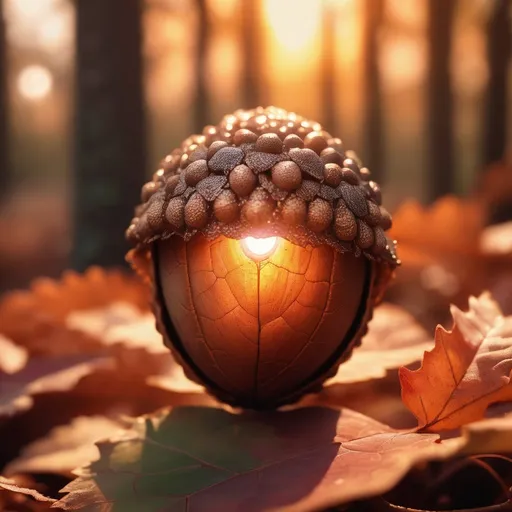 Prompt: Acorn nestled in leaves, majestic sunset, magic particles, high quality, whimsical, magical, sunset, nature, detailed acorn, warm tones, fantasy, ethereal lighting