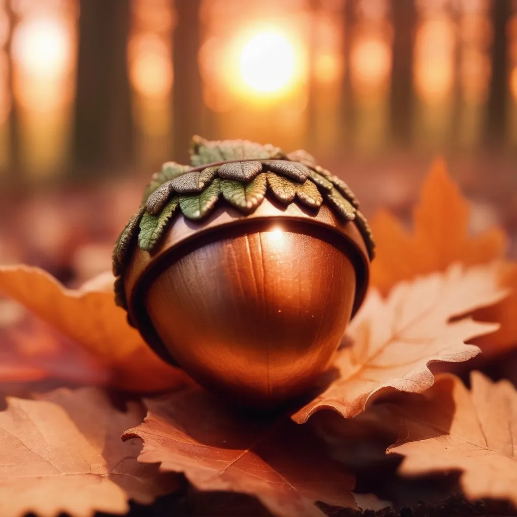 Prompt: Acorn nestled in leaves, majestic sunset, magic particles, high quality, whimsical, magical, sunset, nature, detailed acorn, warm tones, fantasy, ethereal lighting