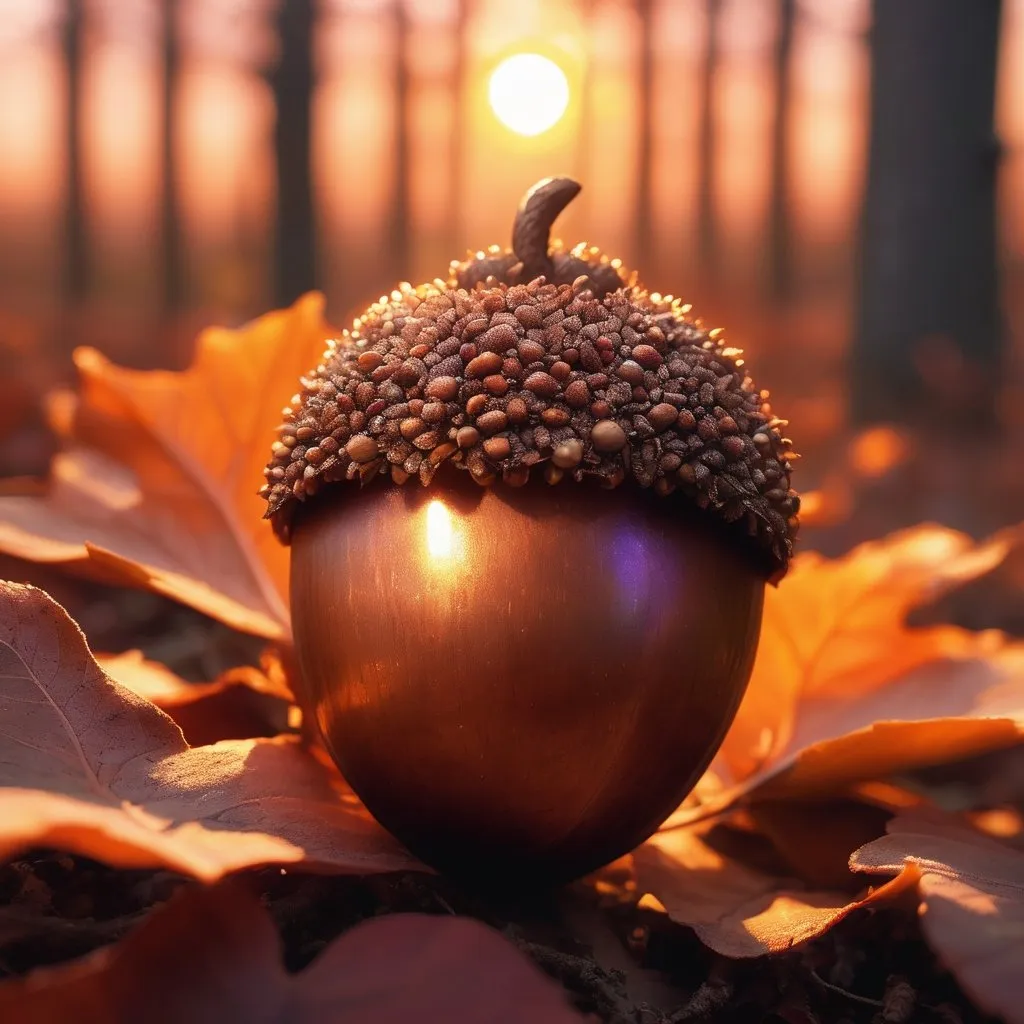 Prompt: Acorn nestled in leaves, majestic sunset, magic particles, high quality, whimsical, magical, sunset, nature, detailed acorn, warm tones, fantasy, ethereal lighting