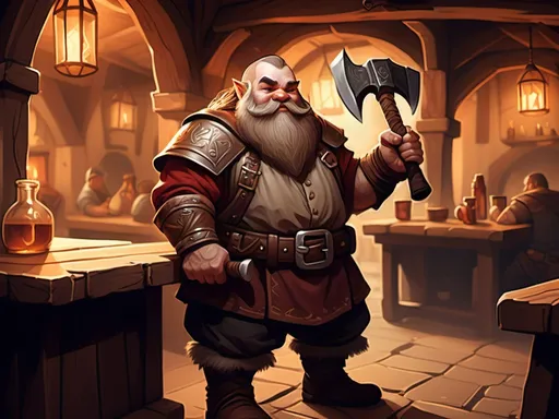 Prompt: dwarf character holding an axe in a tavern , fantasy character art, illustration, dnd, warm tone