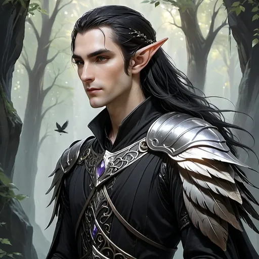 Prompt: A majestic shot of the very thin elven man. His shoulder-length, straight, and jet black hair falls down his back like a dark waterfall. The pale skin seems almost translucent in the soft, ethereal light. He stands proud, adorned with scale mail armor bearing raven feathers that seem to shimmer like onyx jewels. The camera captures his profile, emphasizing his slender features and otherworldly elegance. character art, fantasy, hand drawn