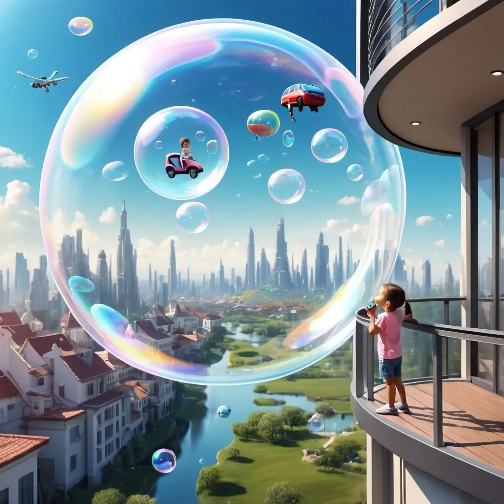 Prompt: The  future world inside a bubble  and  a kid a girl is blowing the bubble  from the balcony and the background is the current world the bubble is small and the future world is flying cars full ai 