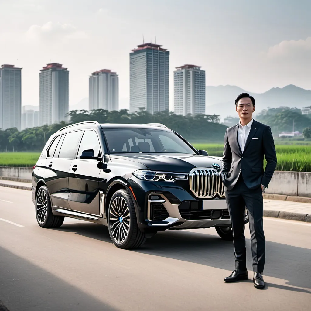 Prompt: Hi-resolution of BMW X7 with the cityscape background of Laos and a successful business man lean beside the car