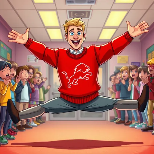 Prompt: (cartoon style image), (warm color scheme), (Assistant Principal Dave Hudson), blonde hair, blue eyes, thin physique, performing a split, dynamic pose, enthusiastic student body cheering, school backdrop, vibrant, cheerful atmosphere, playful expression, lively and engaging scene, high quality, ultra-detailed, capturing the energy of a fun school event by wearing a Red Sweater from Minerva middle school, the sweater has a red running lion logo on it (like the one from the Detroit Lions) Dave is on stage