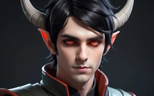 Prompt: Sci-fi elf Male protagonist with black hair and horns, red highlights, amber eyes