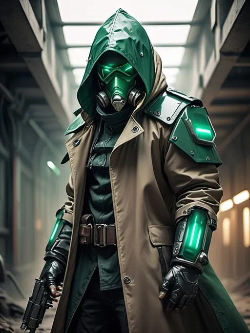 Prompt: Sci-fi Assassin with emerald hood and face mask wearing power armor in trench coat