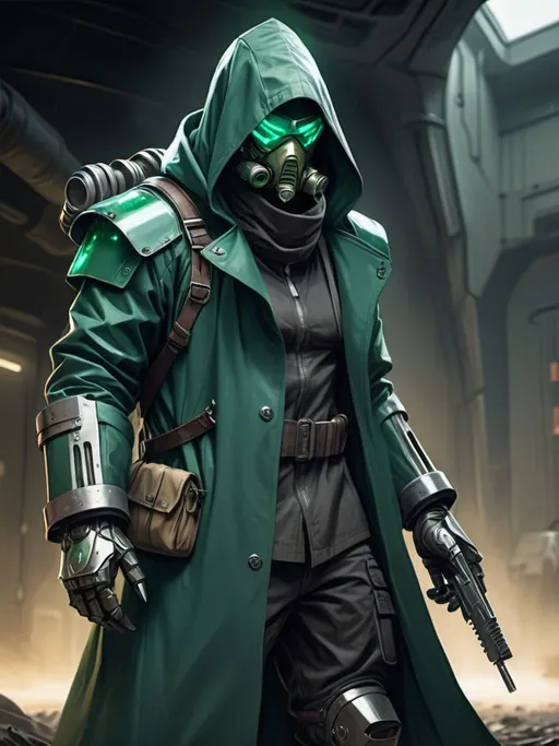 Prompt: Sci-fi Assassin with emerald hood and face mask wearing power armor in trench coat