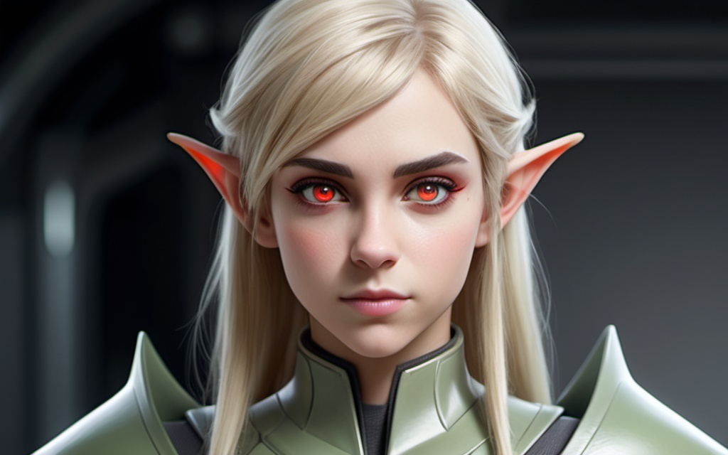Prompt: Sci-fi elf female protagonist with scarlet eyes and blonde hair, Grey highlights 