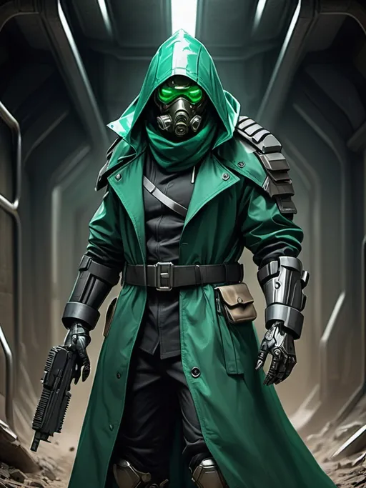 Prompt: Sci-fi Assassin with emerald hood and face mask wearing power armor in trench coat