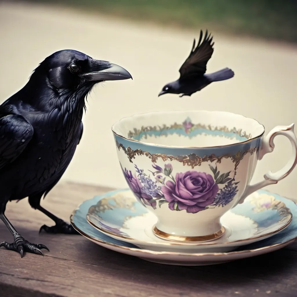 Prompt: cover photo, raven, teacups, vintage
