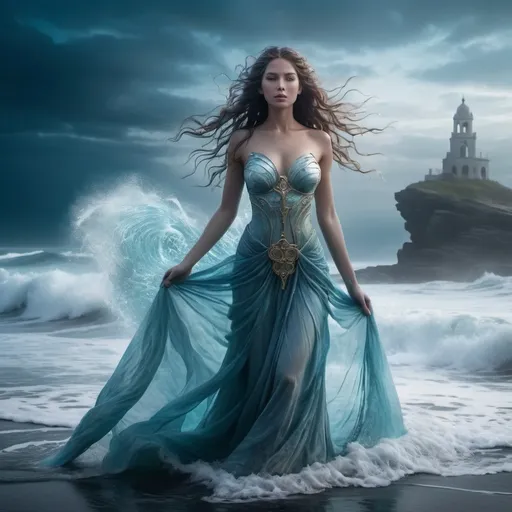 Prompt: Goddess of the Ocean coming out of the sea. She is a native North American and very beautiful.

Fantasy, foggy, sea, dramatic settlement scene, cinematic lighting