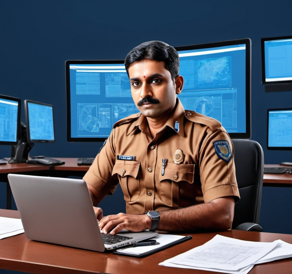 Prompt: one police officers in brown colour indian police uniform  sitting at a table with laptops and papers in front , with a blue high tech background , high detail illustration, a digital rendering