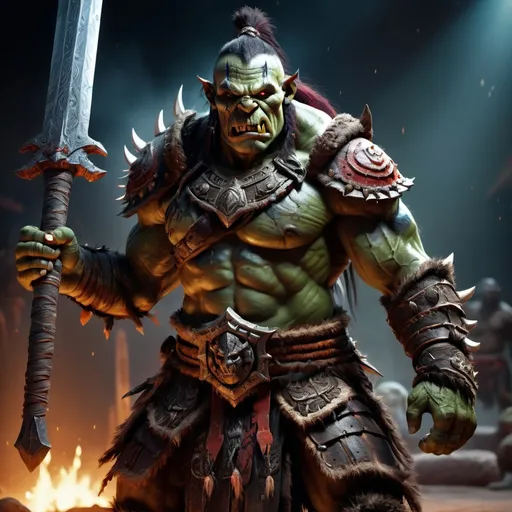 Prompt: (orc warrior), in exceptional physical condition, (heavy armor), gripping a massive greatsword, set in a vibrant arena of an orc camp, exuding a menacing aura, surrounded by tribal decorations, dust swirling in the air, (dramatic lighting), (high detail), fierce expression, showcasing powerful muscles, intense atmosphere, (4K resolution).