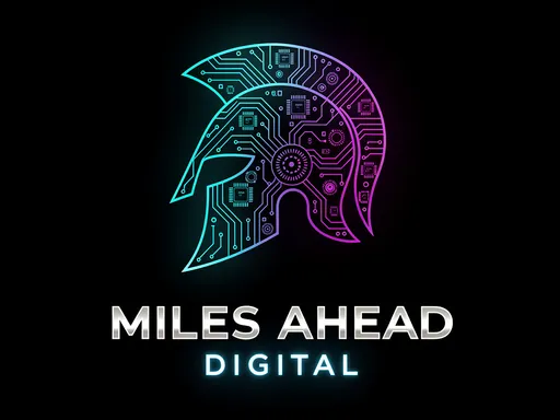 Prompt: A minimalist, high-end corporate logo for "MILES AHEAD DIGITAL". The design features a stylized Roman Galea (helmet) formed entirely out of glowing cyan and electric purple circuit board lines. The font is bold, metallic, and futuristic sans-serif. Deep black background. The text "MILES AHEAD" is prominent, with "DIGITAL" smaller underneath in neon blue. 8k resolution, vector art style.