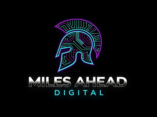 Prompt: A minimalist, high-end corporate logo for "MILES AHEAD DIGITAL". The design features a stylized Roman Galea (helmet) formed entirely out of glowing cyan and electric purple circuit board lines. The font is bold, metallic, and futuristic sans-serif. Deep black background. The text "MILES AHEAD" is prominent, with "DIGITAL" smaller underneath in neon blue. 8k resolution, vector art style.