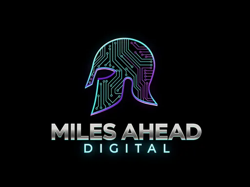 Prompt: A minimalist, high-end corporate logo for "MILES AHEAD DIGITAL". The design features a stylized Roman Galea (helmet) formed entirely out of glowing cyan and electric purple circuit board lines. The font is bold, metallic, and futuristic sans-serif. Deep black background. The text "MILES AHEAD" is prominent, with "DIGITAL" smaller underneath in neon blue. 8k resolution, vector art style.