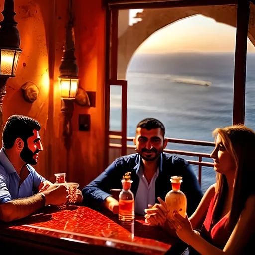 Prompt: friends sitting in A bar in beirut with beautiful tradition lebanese interior with a view on the sea, include a lebanese flag