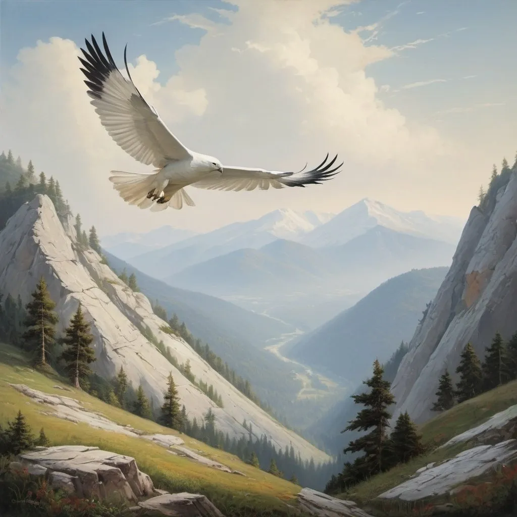 Prompt:  Mountain landscape with a white hawk flying in the distance; like Leonard Davince Paint
