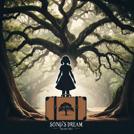 Prompt: create a logo with the Name Sonji's Dream in old english font, with the sihouette of a the angel oak tree, with a girl dressed in old clothes from the 1800's, with a suitcase facing the back with the name ,Sonji's Dream under it.