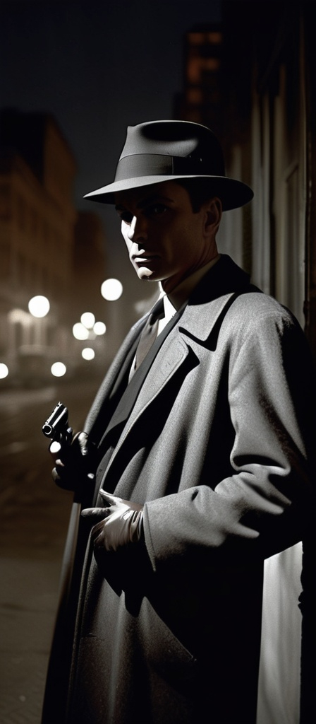 Prompt: dim, night film noir photography, Detective, 1950s, holding revolver, city background, black coat and hat, shadows