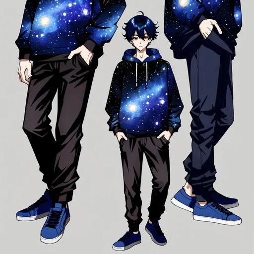 Prompt: male anime character with galaxy hoodie, brown eyes, dark blue hair, black pants and dark blue sneakers