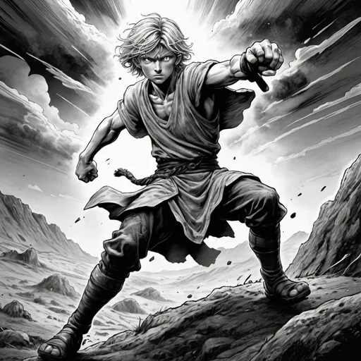 Prompt: Thorfinn (kicking a slave), dynamic action pose, intense expression, detailed manga art, gritty and monochromatic shades, dramatic shadows and highlights, highly stylized ink work, detailed clothing texture, powerful emotional scene, high contrast, vivid kinetic motion lines, traditional manga page layout, background featuring rugged, barren land, atmosphere of struggle and determination, ultra-detailed, full-page spread, high-resolution.