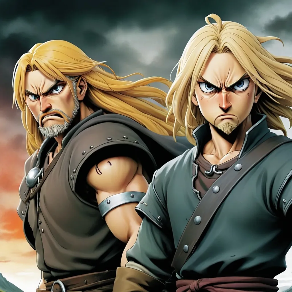 Prompt: Give me a picture from the ‘Vinland Saga’ manga volume showing two characters. One character is depicted in a state of agitation and anger by themselves.”