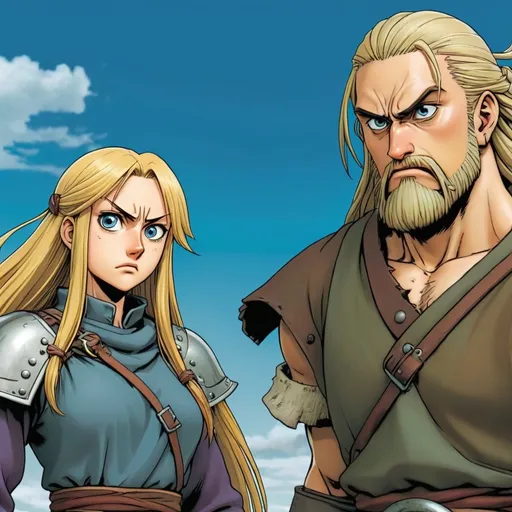 Prompt: “A picture from the ‘Vinland Saga’ manga volume showing two characters in a state of agitation.”