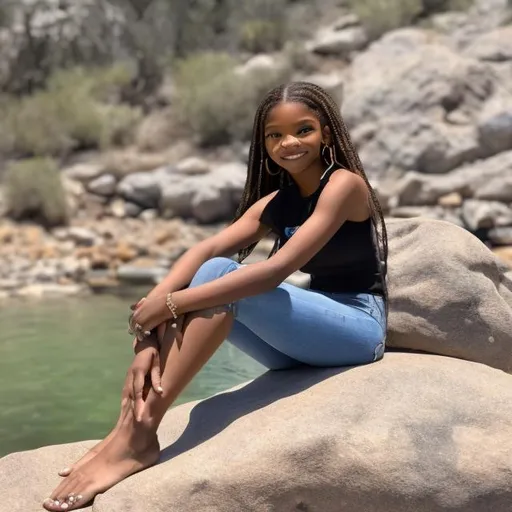 Prompt: Halle Bailey sitting on a rock