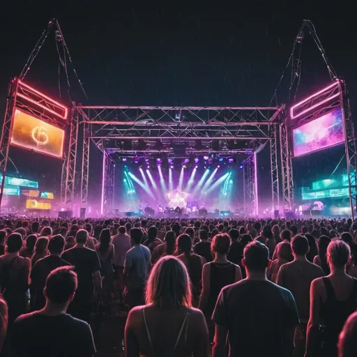 Prompt: a night time music festival with rain and neon lights. view from the back through the crowd to the center stage. the star performer is a smart car