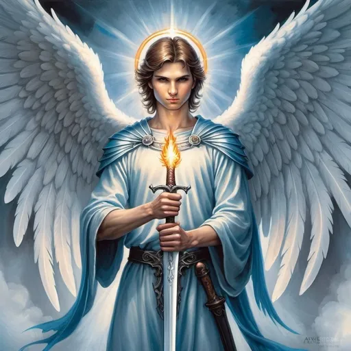 Prompt: a painting of an angel holding a sword with a flame in his hand and a halo around his neck, Anne Stokes, fantasy art, angelic, concept art