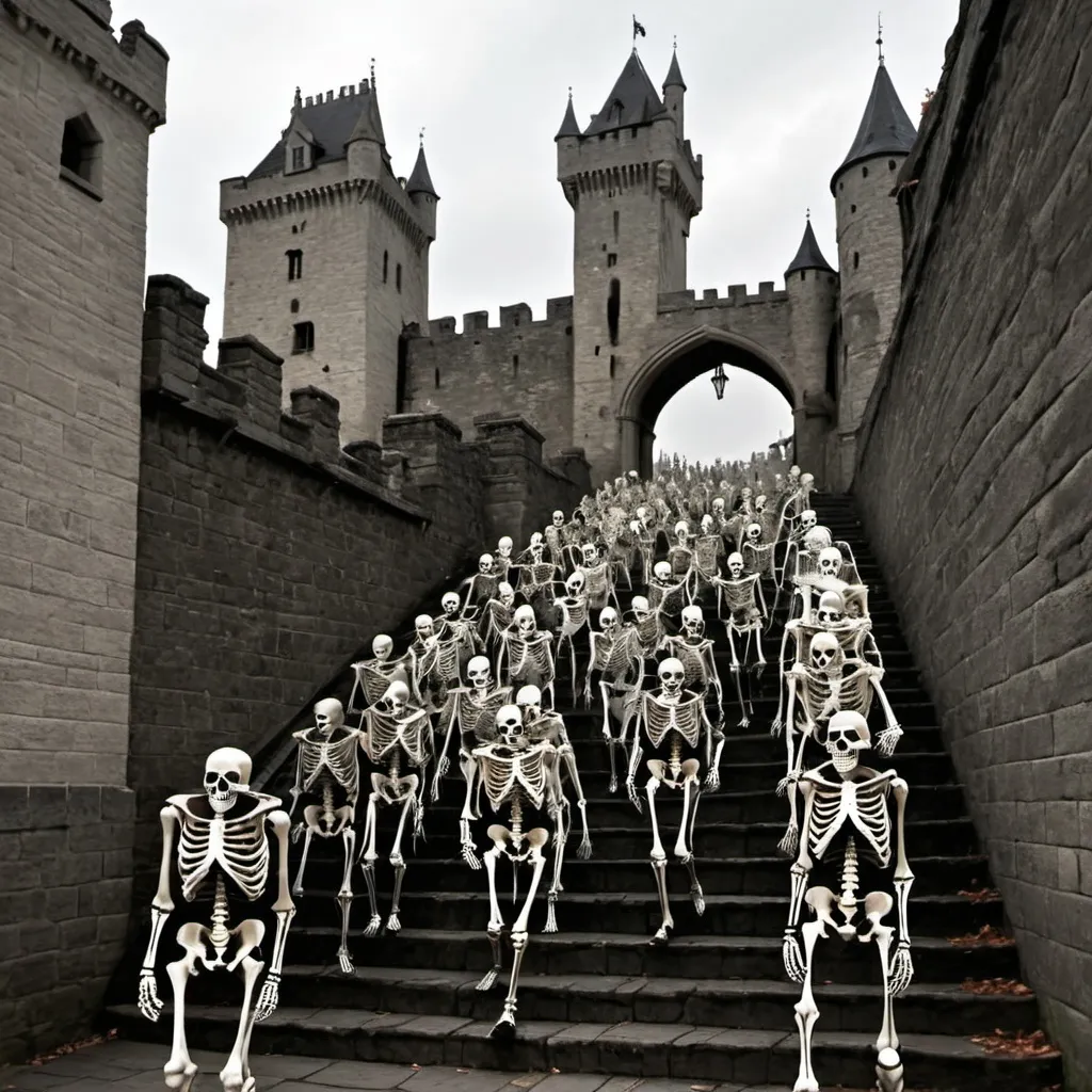 Prompt: An army of skeletons charging the castle steps.