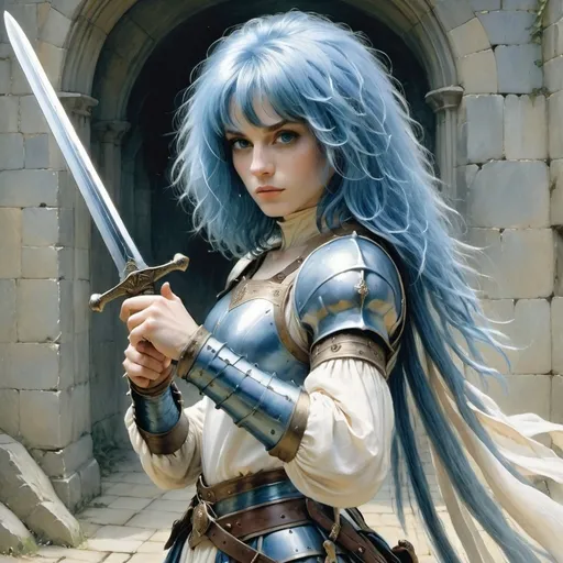 Prompt: a woman in a costume holding a sword and a sword in her hand, with blue hair and a blue wig, Alan Lee.