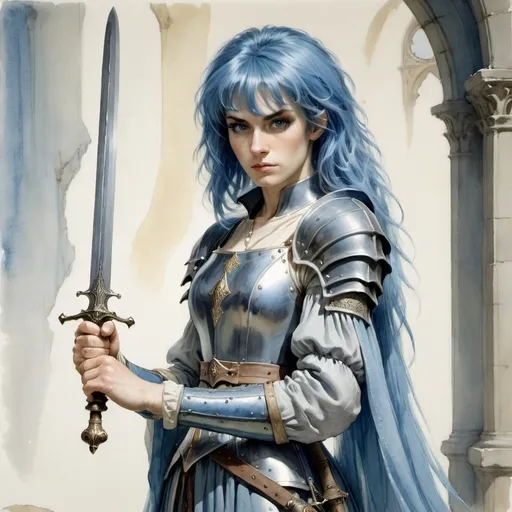 Prompt: a woman in a costume holding a sword and a sword in her hand, with blue hair and a blue wig, Alan Lee