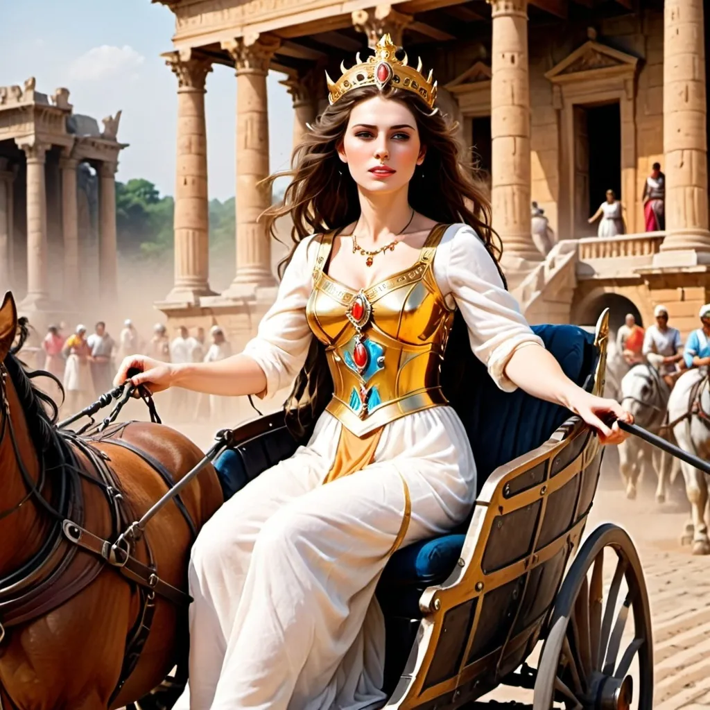 Prompt: A beautiful woman driving a chariot. 