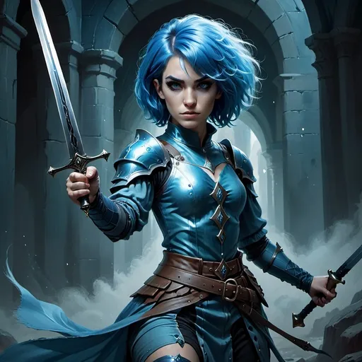 Prompt: a woman in a costume holding a sword and a sword in her hand, with blue hair and a blue wig, Charlie Bowater, fantasy art, epic fantasy character art, concept art