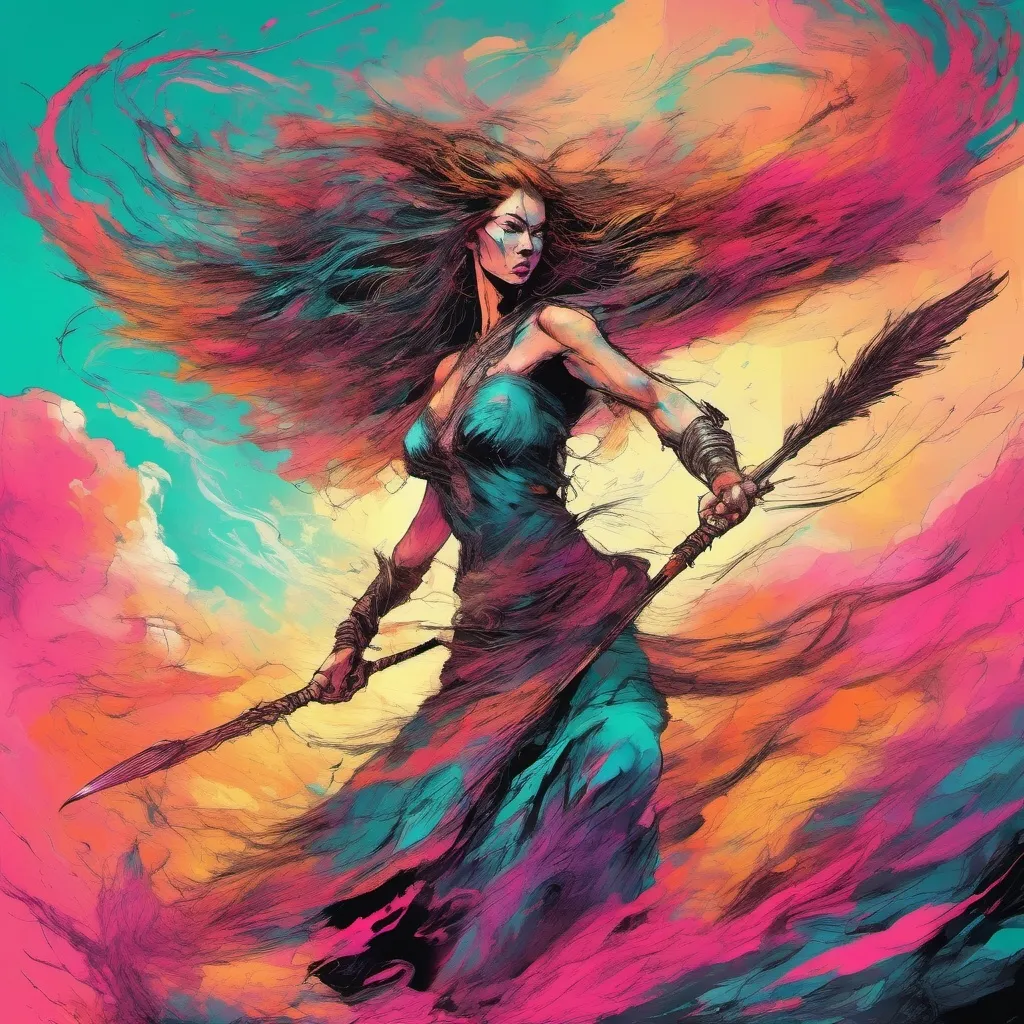 Prompt: A half-(devil) woman throwing a spear, (dynamic action pose), vivid colors, dramatic lighting, intense expression, intricate details on devil features, flowing hair, atmospheric background with swirling clouds, energy radiating from the spear, depicting a fierce determination, (fantasy theme) 4K, ultra-detailed, captivating composition, conveying power and grace in motion.