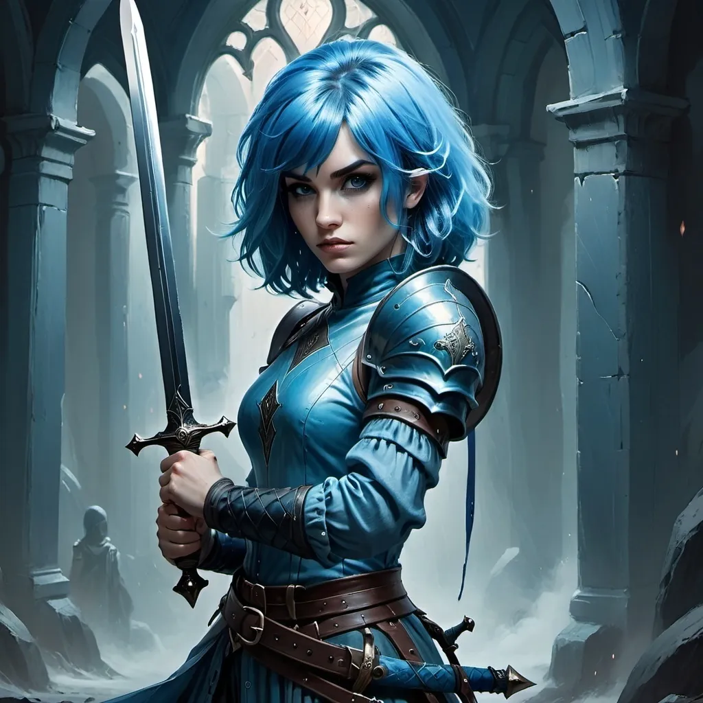 Prompt: a woman in a costume holding a sword and a sword in her hand, with blue hair and a blue wig, Charlie Bowater, fantasy art, epic fantasy character art, concept art