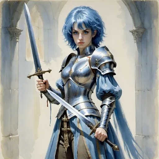 Prompt: a woman in a costume holding a sword and a sword in her hand, with blue hair and a blue wig, Alan Lee