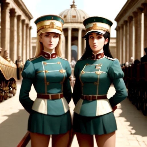 Prompt: two women in matching uniforms standing next to each other in front of Roman chariots.