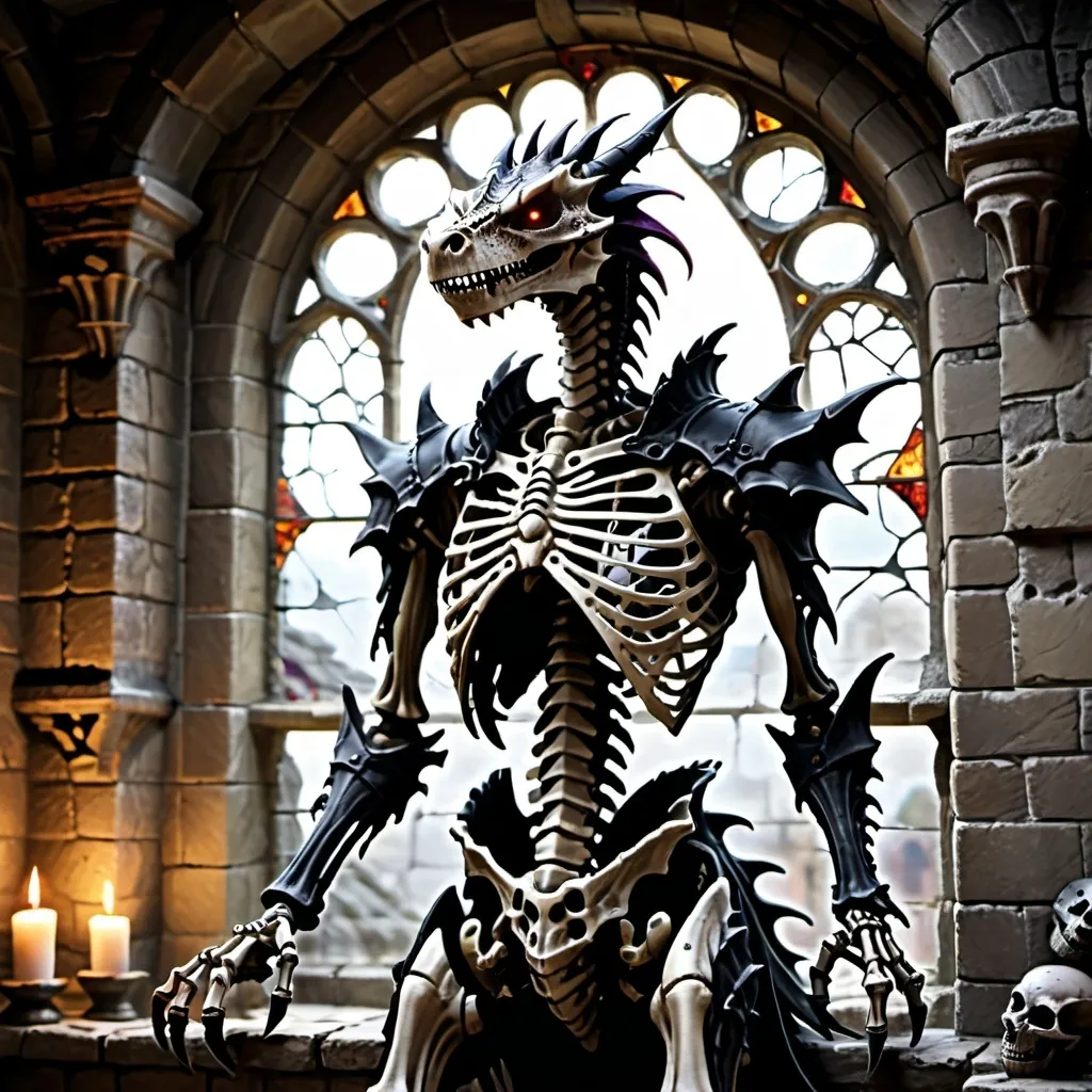 Prompt: a dragon undead skeleton in a castle with a large window behind it.