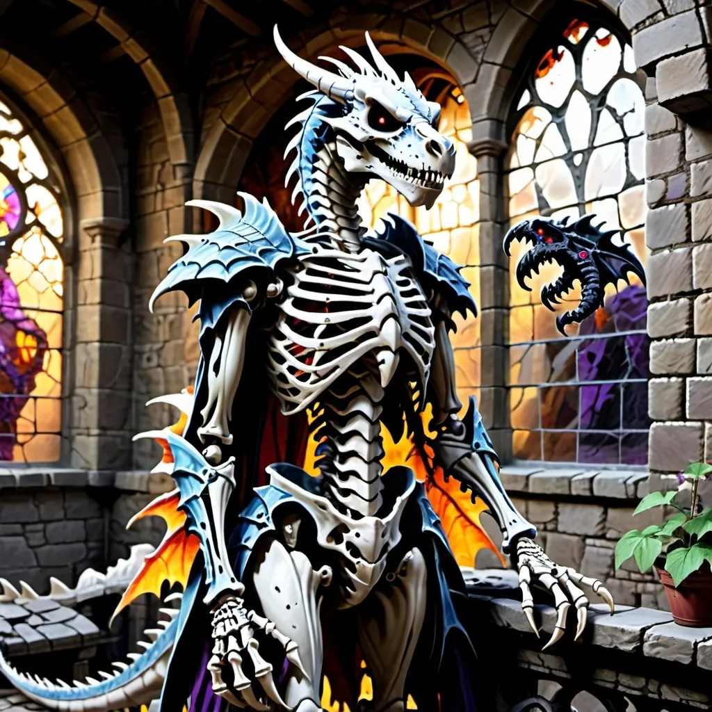 Prompt: a dragon undead skeleton in a castle with a large window behind it.