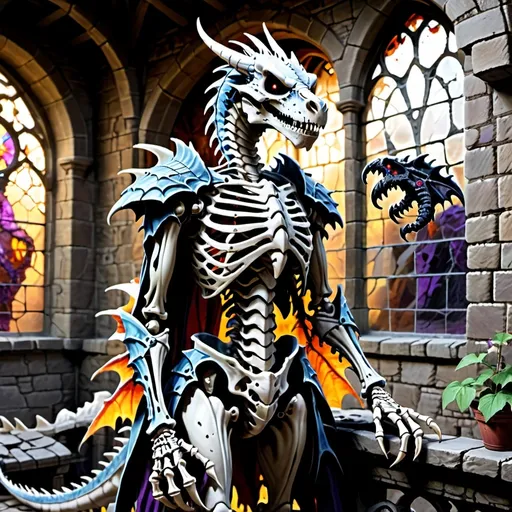 Prompt: a dragon undead skeleton in a castle with a large window behind it.